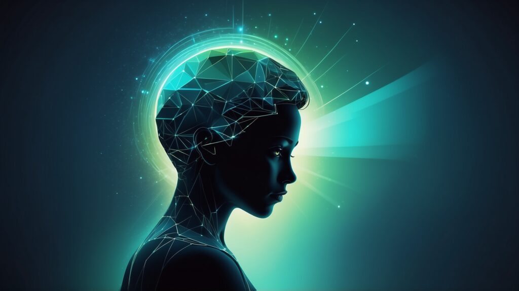 Autoconhecimento no Marketing Pessoal: Potencialize sua Marca. Imagem de silhueta abstrata de uma pessoa envolta em um suave brilho. O fundo é um gradiente de azul e verde, com raios de luz e formas geométricas ao redor, simbolizando introspecção, crescimento e confiança.