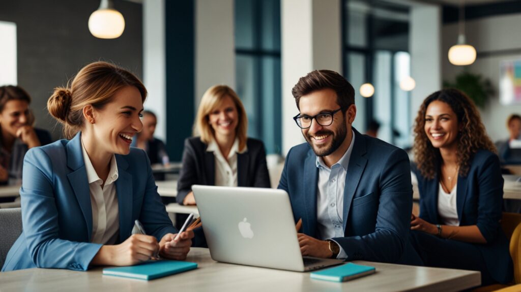 Imagem de profissionais conversando em um ambiente de coworking, simbolizando o networking no marketing pessoal.